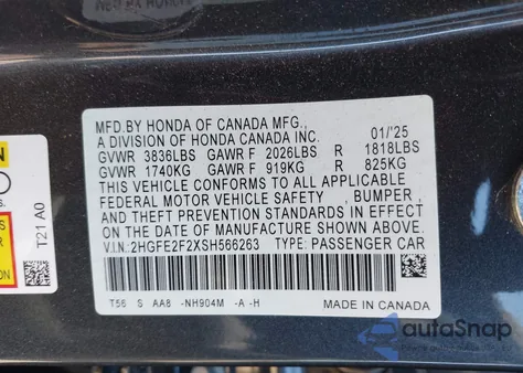 2025 Honda Civic Lx from USA, damaged, VIN 2HGFE2F2XSH566263
